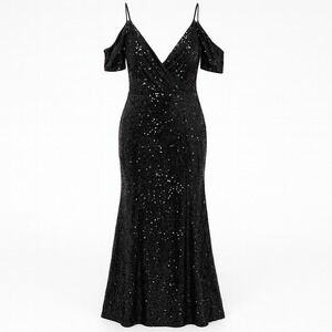 90s Cindy Collection USA Dress‎ Size 2XL Black Sequin Cold Shoulder Formal Gown
